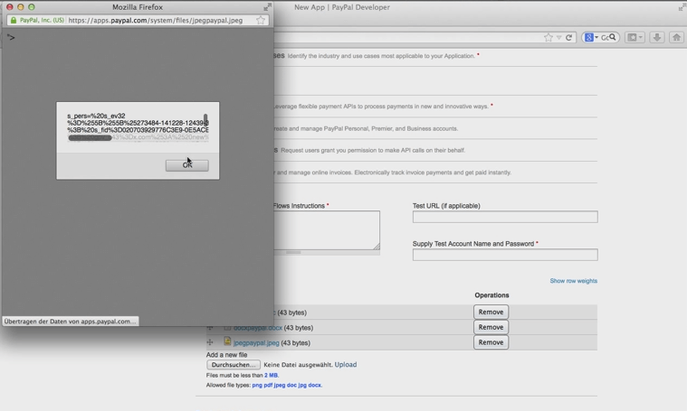 Alert box proving stored XSS from a malformed image file uploaded to an application on apps.paypal.com