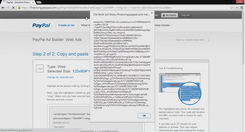 Reflected XSS alert triggered through the ad-size parameter of the ad generator on financing.paypal.com