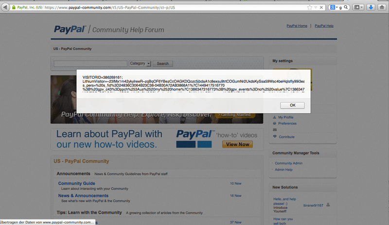 XSS payload saved in the Welcome Message box of the paypal-communities.com administrator panel