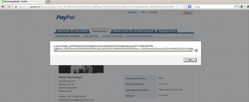 JavaScript alert box firing inside a PayPal invoice after an XSS payload was saved in a product description field