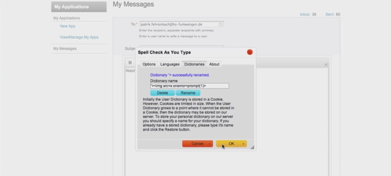 Spell-check API call from apps.paypal.com where the dictionary name parameter carries an XSS payload