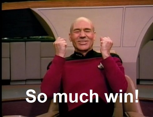 Celebratory ‘so much win’ reaction meme used as an aside after the first stored XSS was found