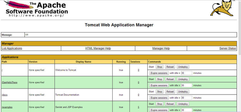 Apache Tomcat manager application on dev.zong.com port 8080, opened with the default admin:admin credentials