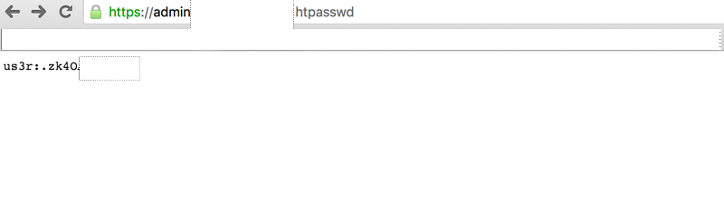 Browser rendering a world-readable .htpasswd file showing the username us3r and its DES crypt password hash