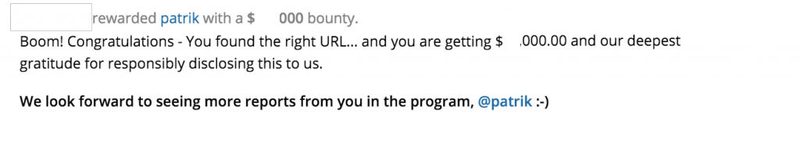 HackerOne report banner showing the private program report marked resolved with a bounty awarded