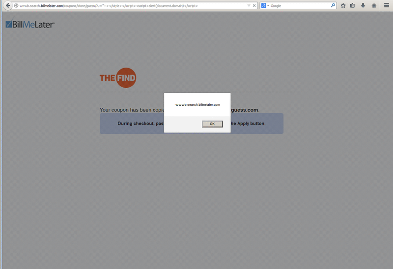Firefox displaying a JavaScript alert dialog reading XSS on the BillMeLater coupon search page, proving the reflected injection executed
