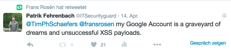 Screenshot of a tweet sent to Frans Rosén after his Google Payments vulnerability disclosure