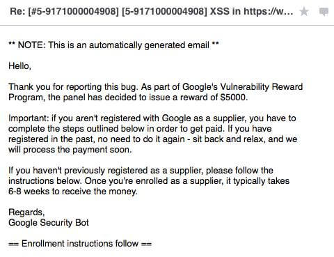 Proof-of-concept image submitted with the Google Tag Manager cross-site scripting report, showing the injected payload’s effect