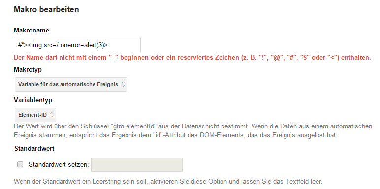 Google Tag Manager macro configuration screen showing the name field rejecting input that contains special characters