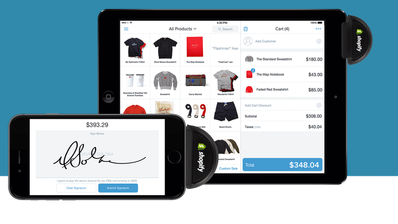 Shopify point-of-sale card reader terminal with a card slot and signature screen