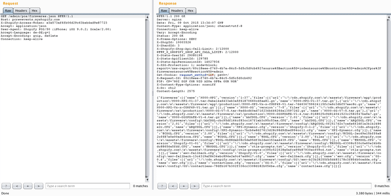 HTTP response to GET /admin/pos/firmwares.json listing firmware and config file URLs on cdn.shopify.com