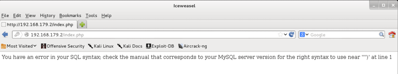 The application returning a MySQL syntax error after the single quote was submitted, confirming SQL injection