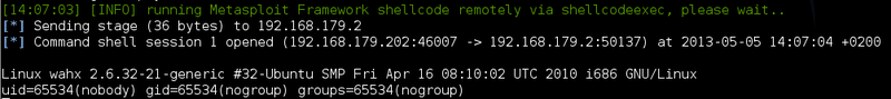 Shell output showing the process running as the unprivileged nobody user on Ubuntu i686 with kernel 2.6.32-21-generic