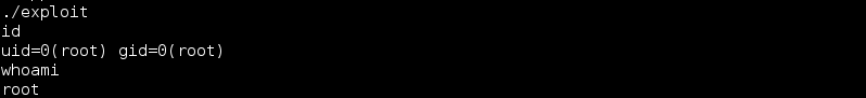Running the compiled exploit and landing in a root shell, confirmed by the id command