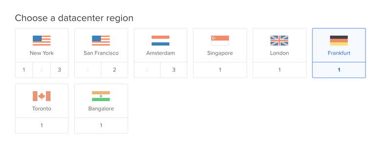 DigitalOcean droplet size picker with the 1 GB memory, one vCPU, 25 GB SSD plan selected