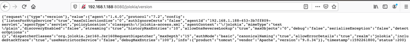 Browser showing the JSON response from the /jolokia/ version endpoint, reporting agent version, protocol 7.2 and Tomcat 9.0.34 as the product