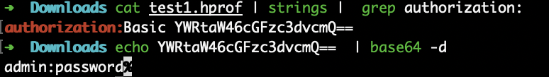 Terminal piping the heap dump through strings and grepping for authorization:, returning the base64 Basic auth header that decodes to admin:password
