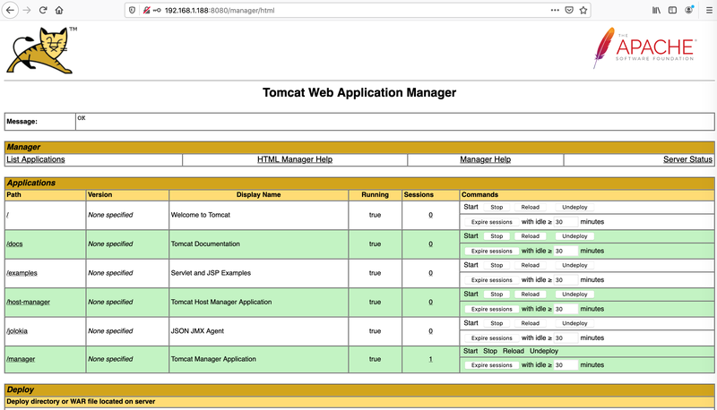 Apache Tomcat Web Application Manager listing deployed applications, with the Deploy WAR file upload form used to install Jolokia