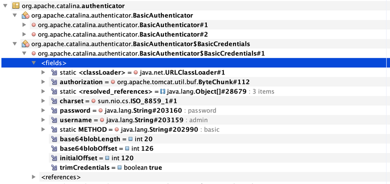 VisualVM with the downloaded HPROF heap dump loaded, filtered to reveal the Tomcat basic authentication credentials held in memory