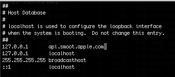 The /etc/hosts file open in a terminal showing api.smoot.apple.com pointed at 127.0.0.1