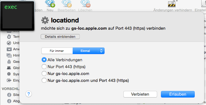 A Little Snitch connection alert asking whether to allow the locationd process to connect to gs-loc.apple.com, set to deny forever