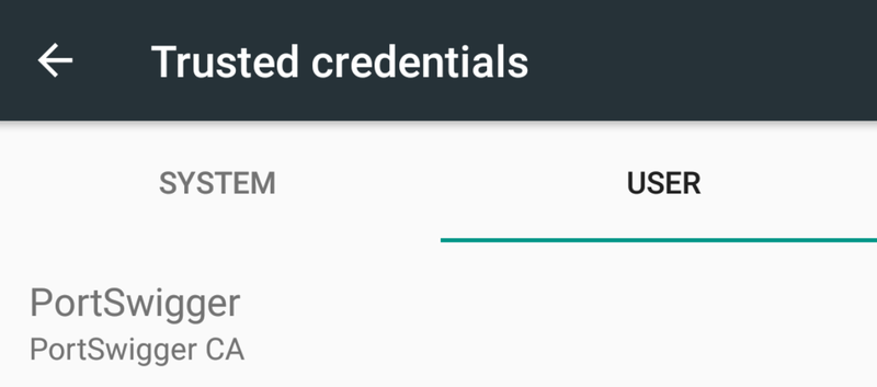 Android Trusted credentials screen, User tab, listing the newly installed PortSwigger Burp CA certificate