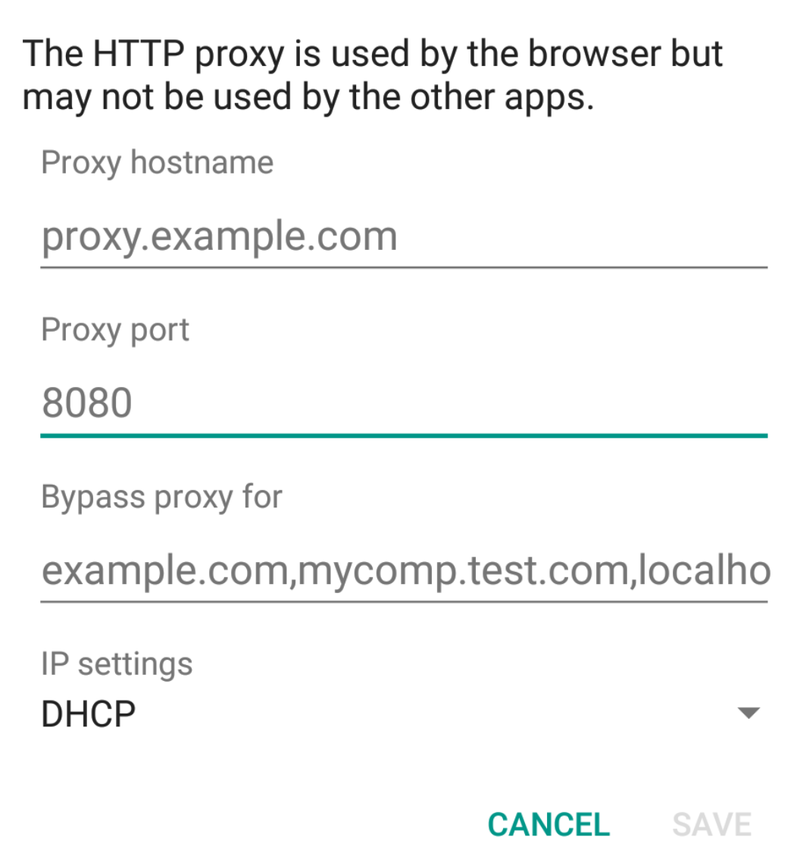 Android Wi-Fi network edit dialog set to Manual proxy, with empty Proxy hostname and Proxy port fields