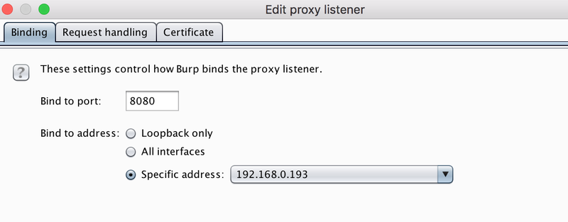 Burp Suite proxy listener binding dialog with Specific address selected and the local LAN IP 192.168.0.193 chosen