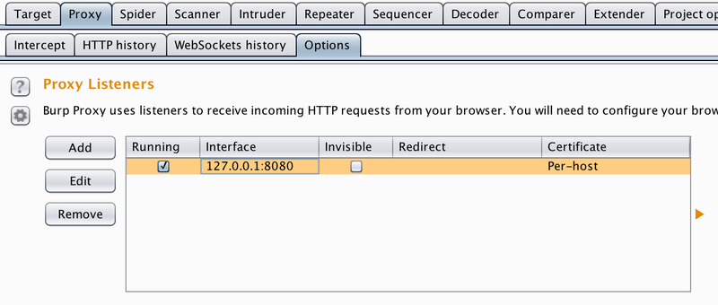 Burp Suite Proxy Options tab showing the default 127.0.0.1:8080 proxy listener selected with the Edit button
