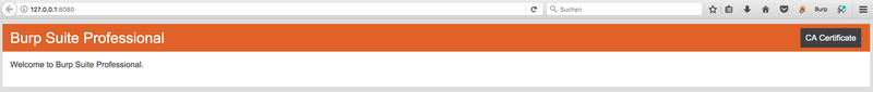 The Burp Suite proxy landing page at 127.0.0.1:8080 with the CA Certificate download link highlighted in the top right