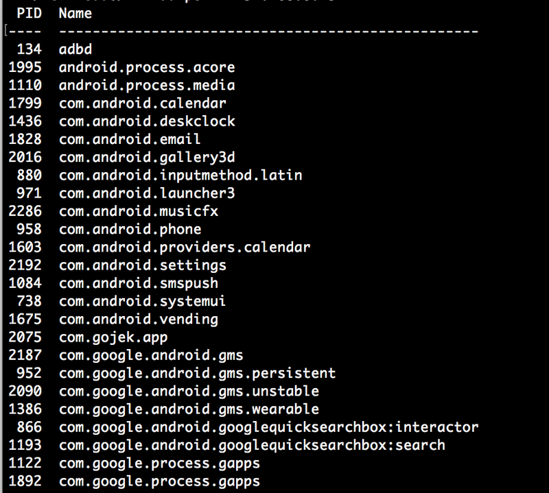 Terminal output of frida-ps listing the PIDs and names of processes running on the connected Android device, confirming Frida is working