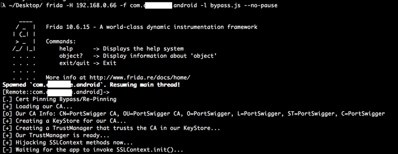 Terminal output of the Frida re-pinning script loading the CA, building a TrustManager and reporting that SSLContext was initialised with the custom TrustManager