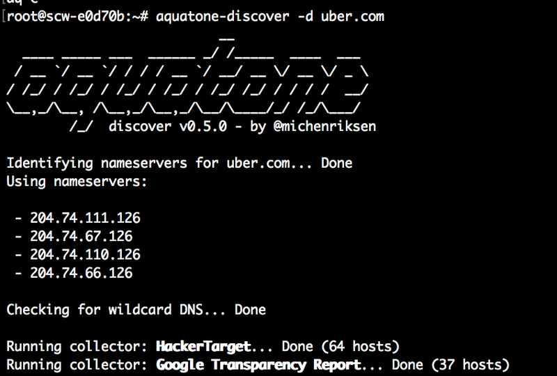 Terminal output of aquatone-discover enumerating subdomains of uber.com and resolving them to IP addresses
