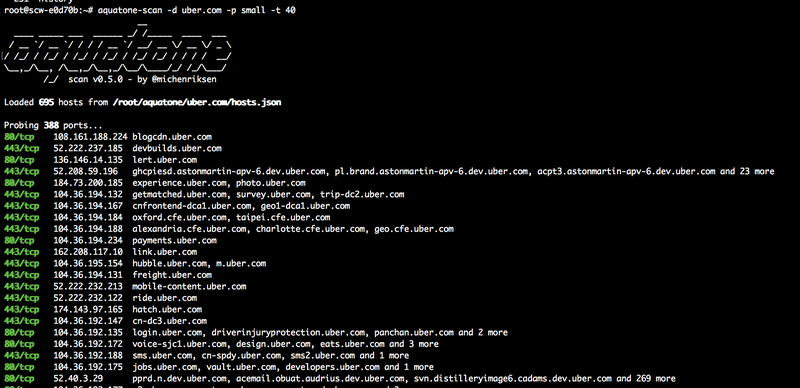 Terminal output of aquatone-scan probing the discovered uber.com subdomains for open web ports 80 and 443