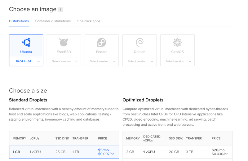 DigitalOcean droplet creation page with Ubuntu selected as the base operating system image