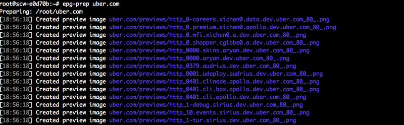 Terminal output of epg-prep generating thumbnail versions of the captured subdomain screenshots