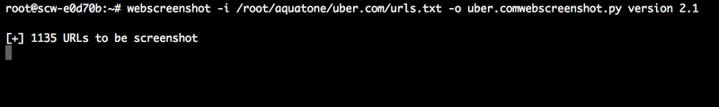Terminal output of webscreenshot working through the aquatone URL list and saving a screenshot per live host